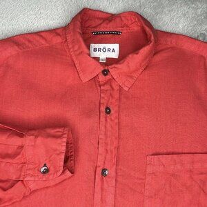 Brora Shirt Mens Large Coral Orange Linen Button Up Coastal Beach Colorful L
